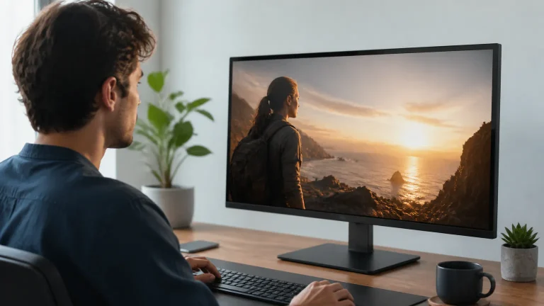 Person viewing a scenic video on a monitor
