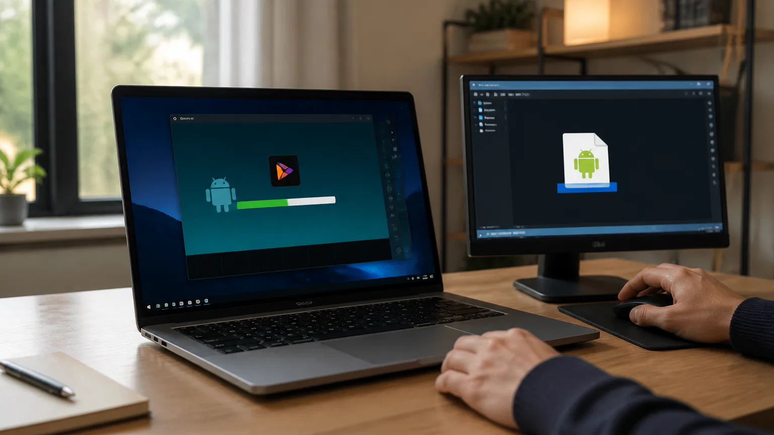 Laptop and monitor displaying Android app screens