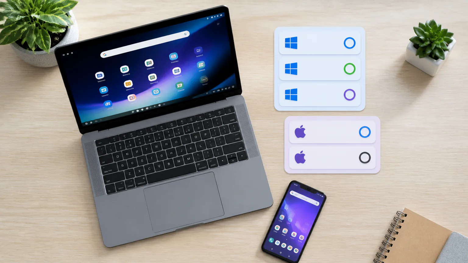 Laptop and smartphone beside Windows and Apple icons