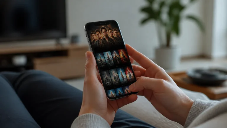 Person browsing movies on a smartphone