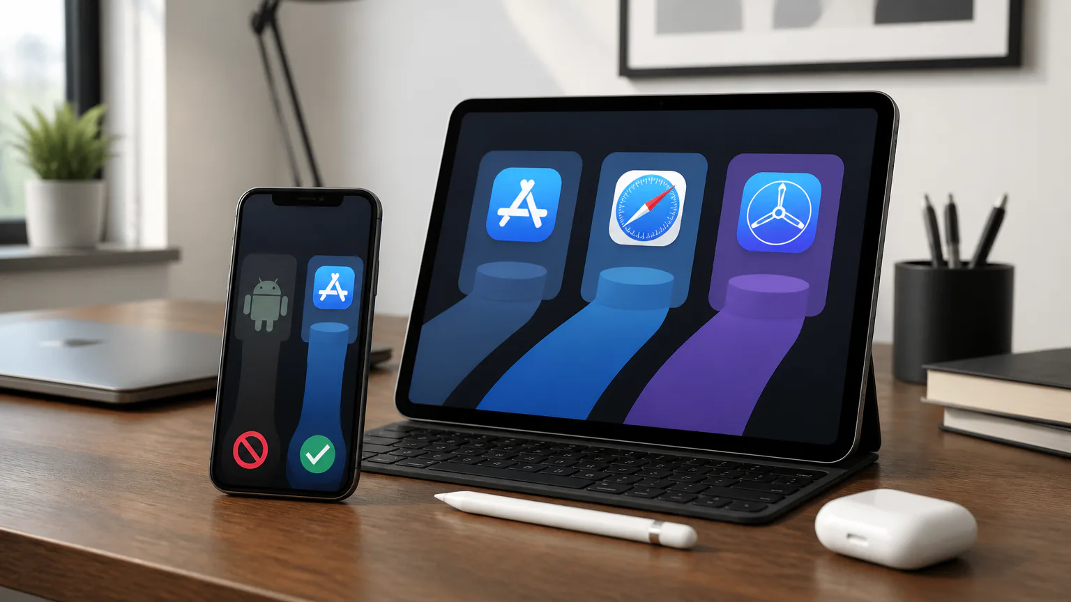 Tablet and phone showing app platform icons
