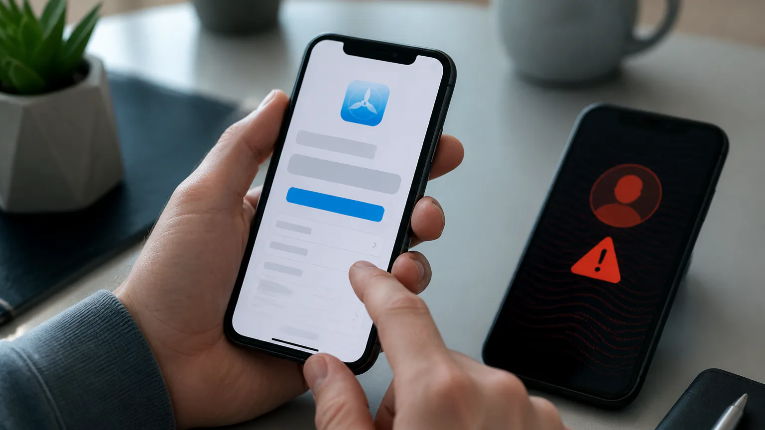 Hand using phone beside phone with warning icon