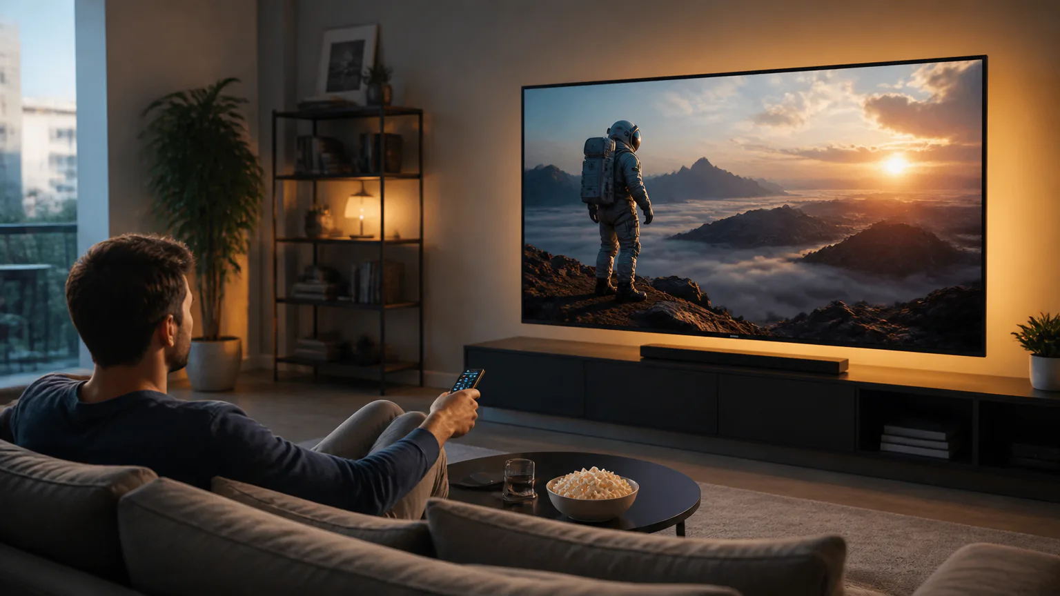 Man watching an astronaut scene on TV