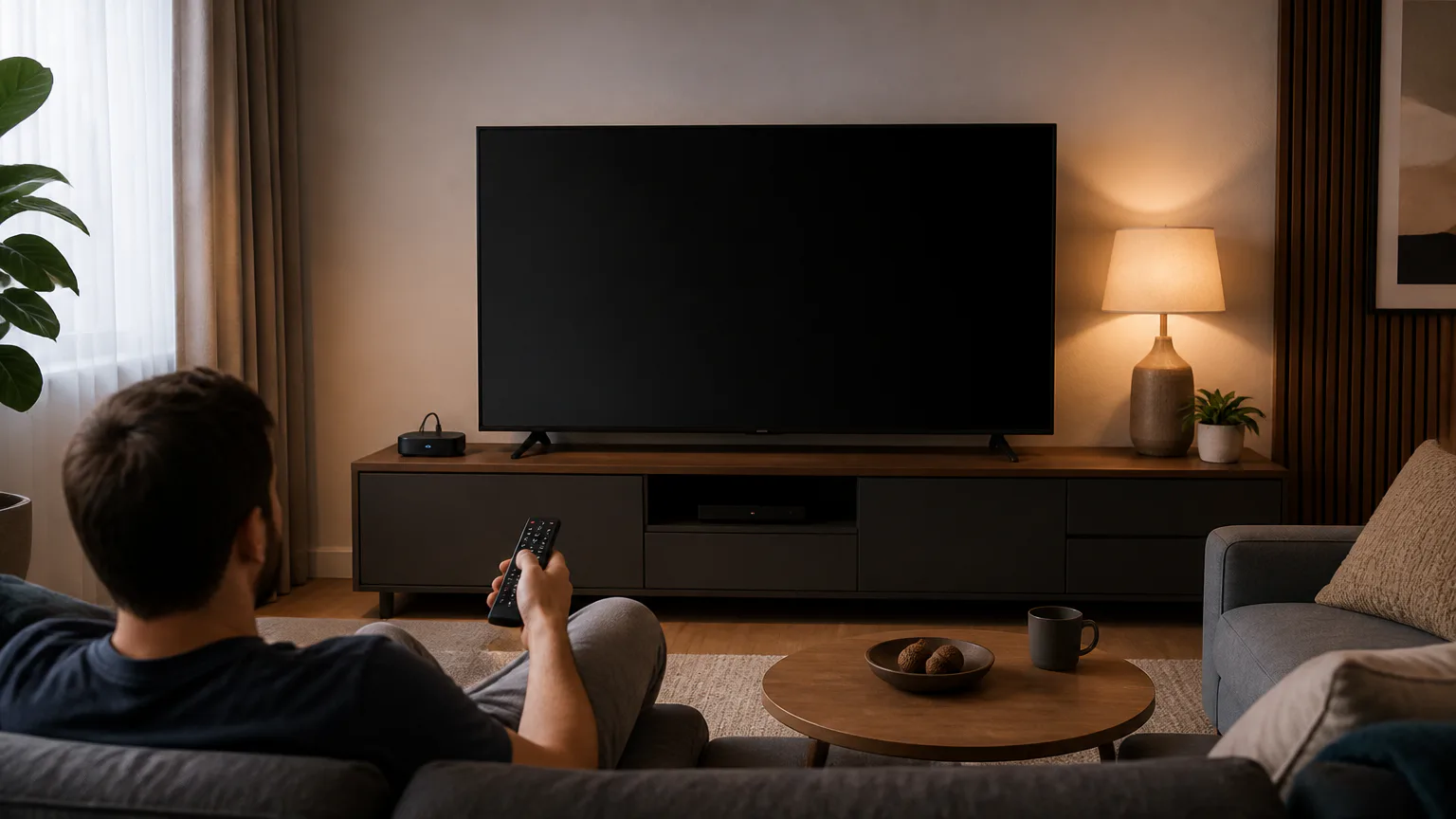 Person watching a blank TV in a cozy living room