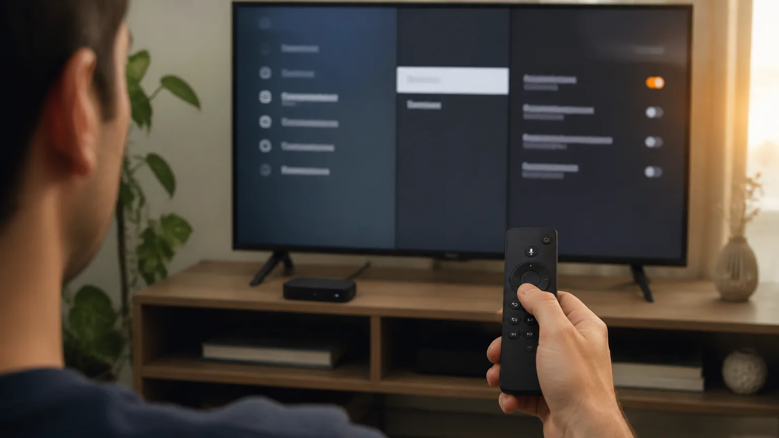 Person using remote to control smart TV