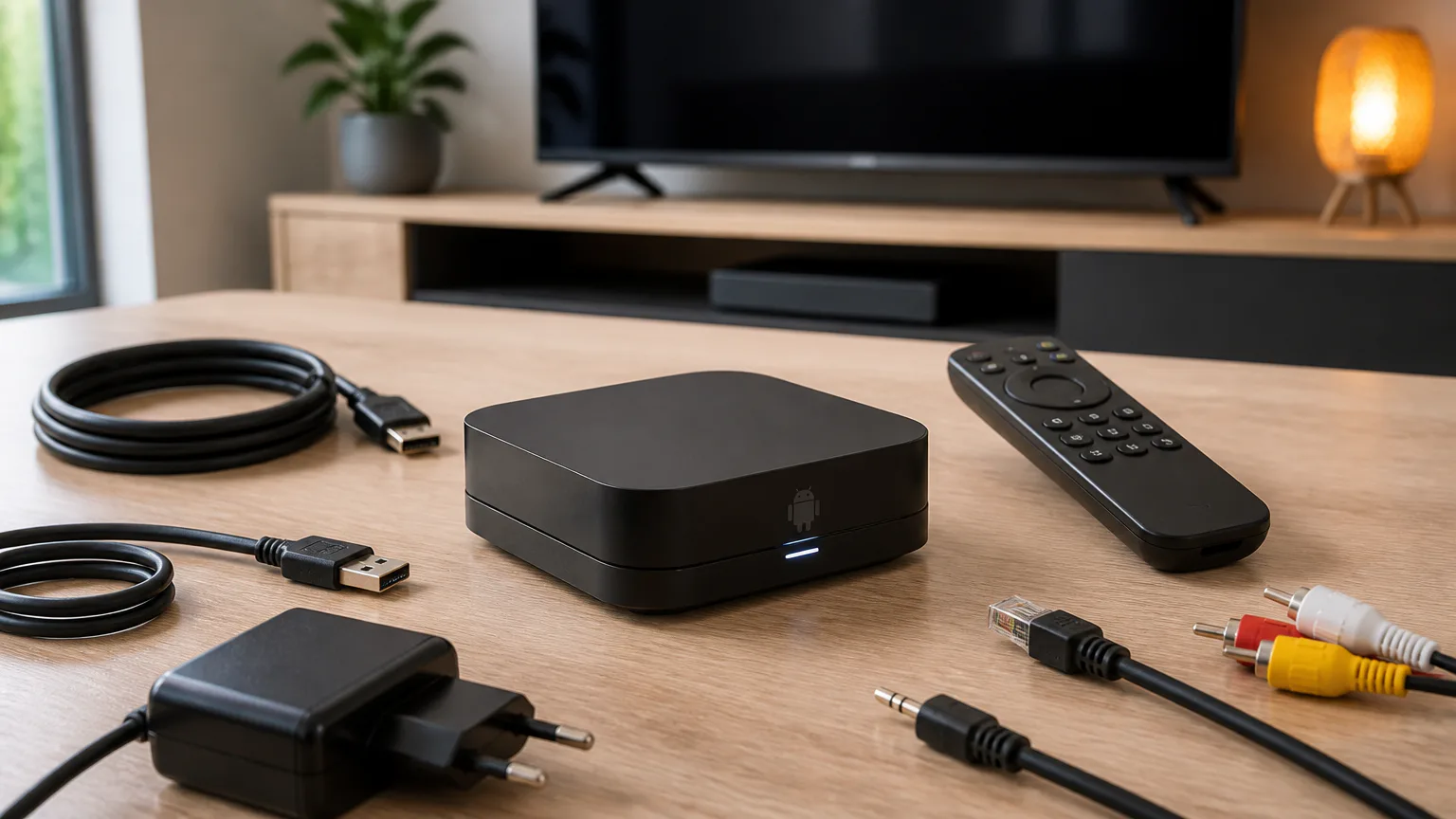 Android TV box with remote and cables