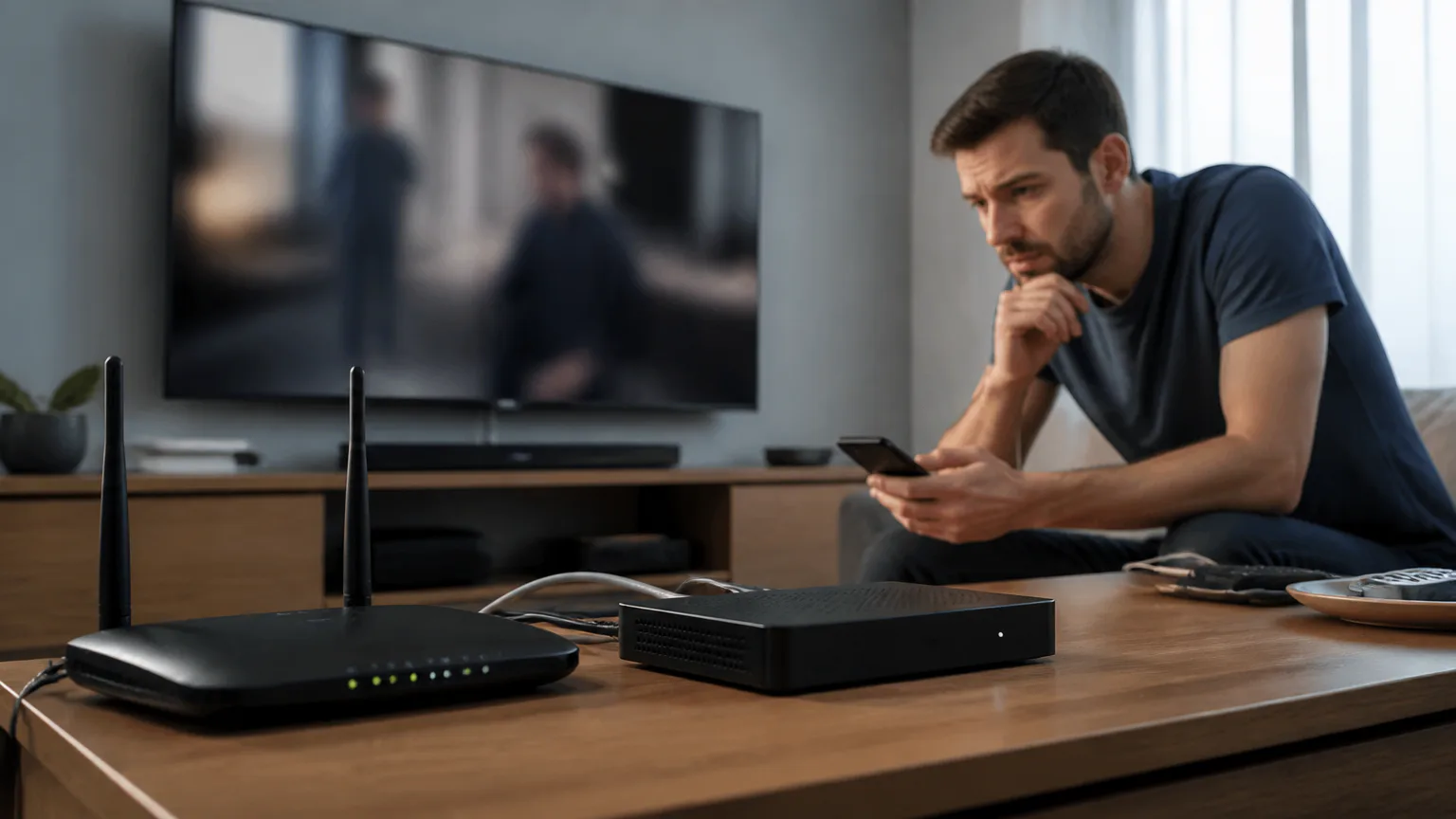 Man beside a router and modem