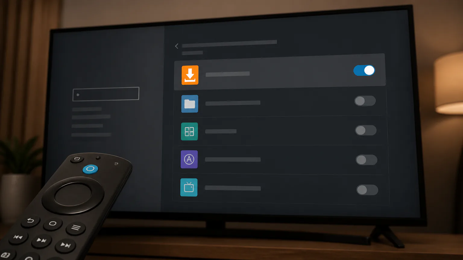 TV settings menu with remote control