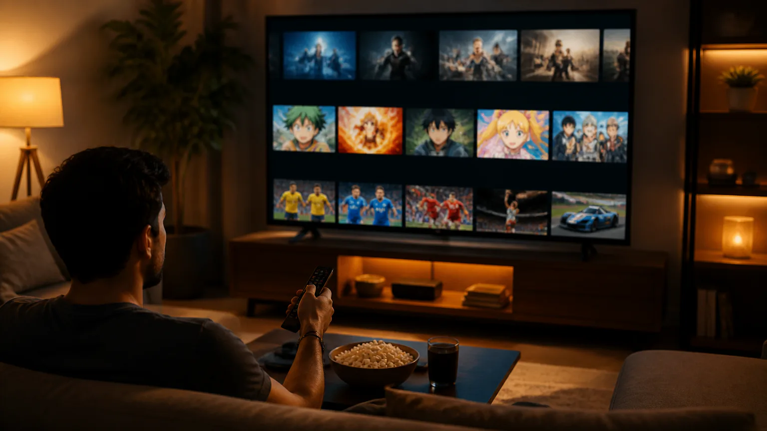 Man watching TV with streaming thumbnails