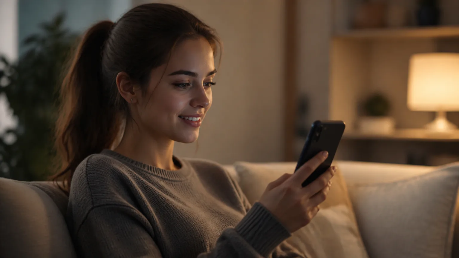 Woman smiling while using a smartphone