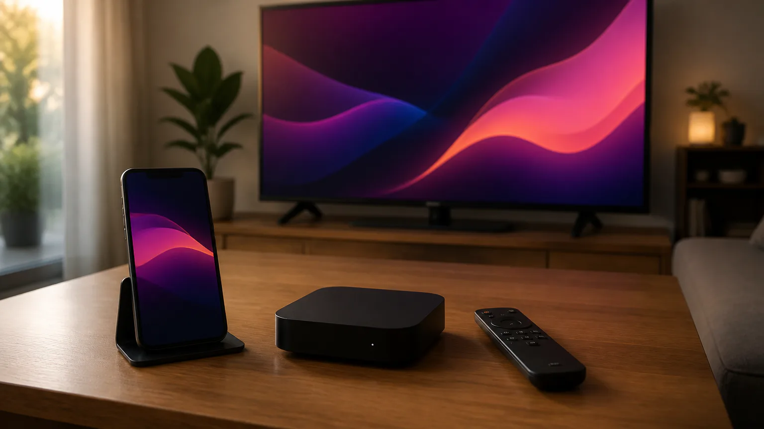 Streaming box, phone, and TV in living room