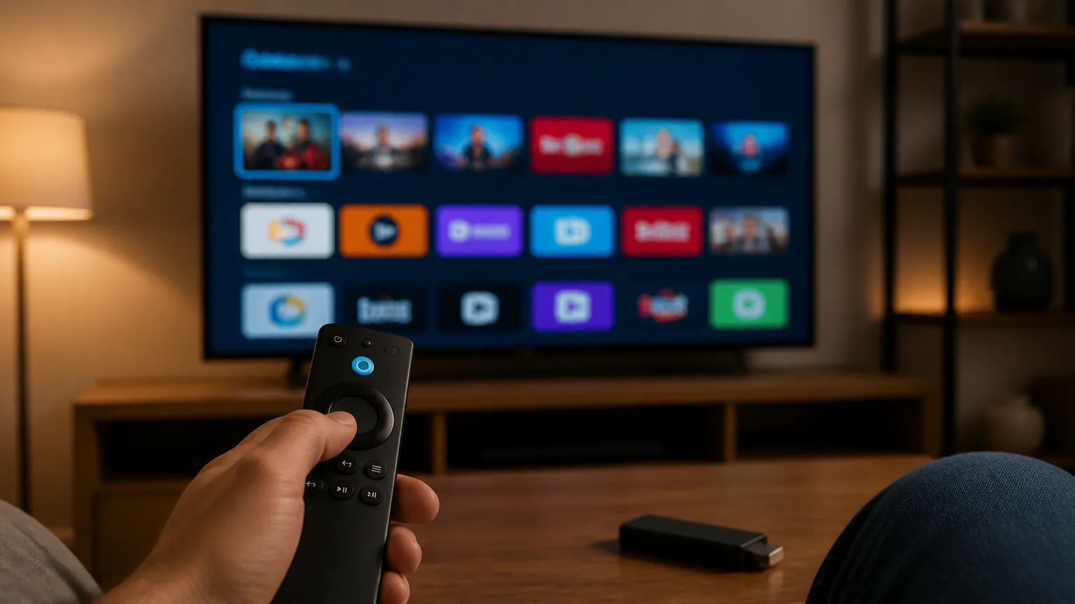 Person using remote to browse TV apps
