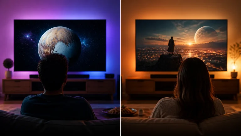 Split-screen viewers watching sci-fi scenes
