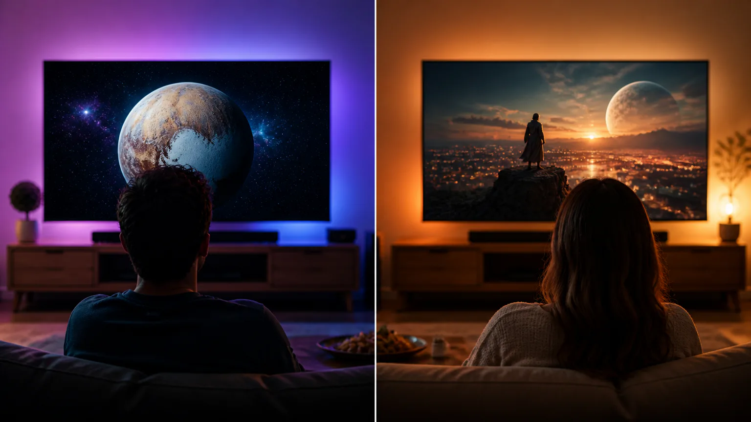 Split-screen viewers watching sci-fi scenes