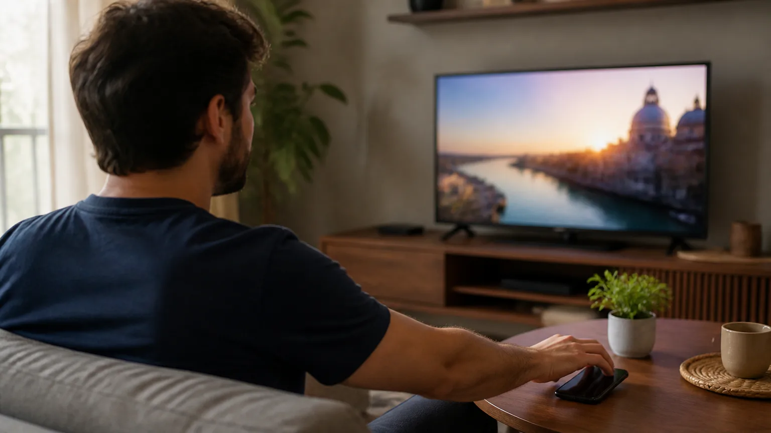 Man watching a cityscape on TV