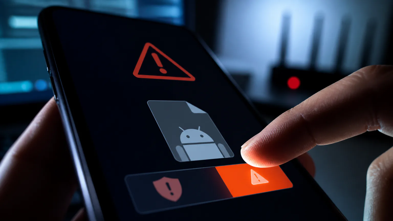 Finger taps Android warning icon on phone