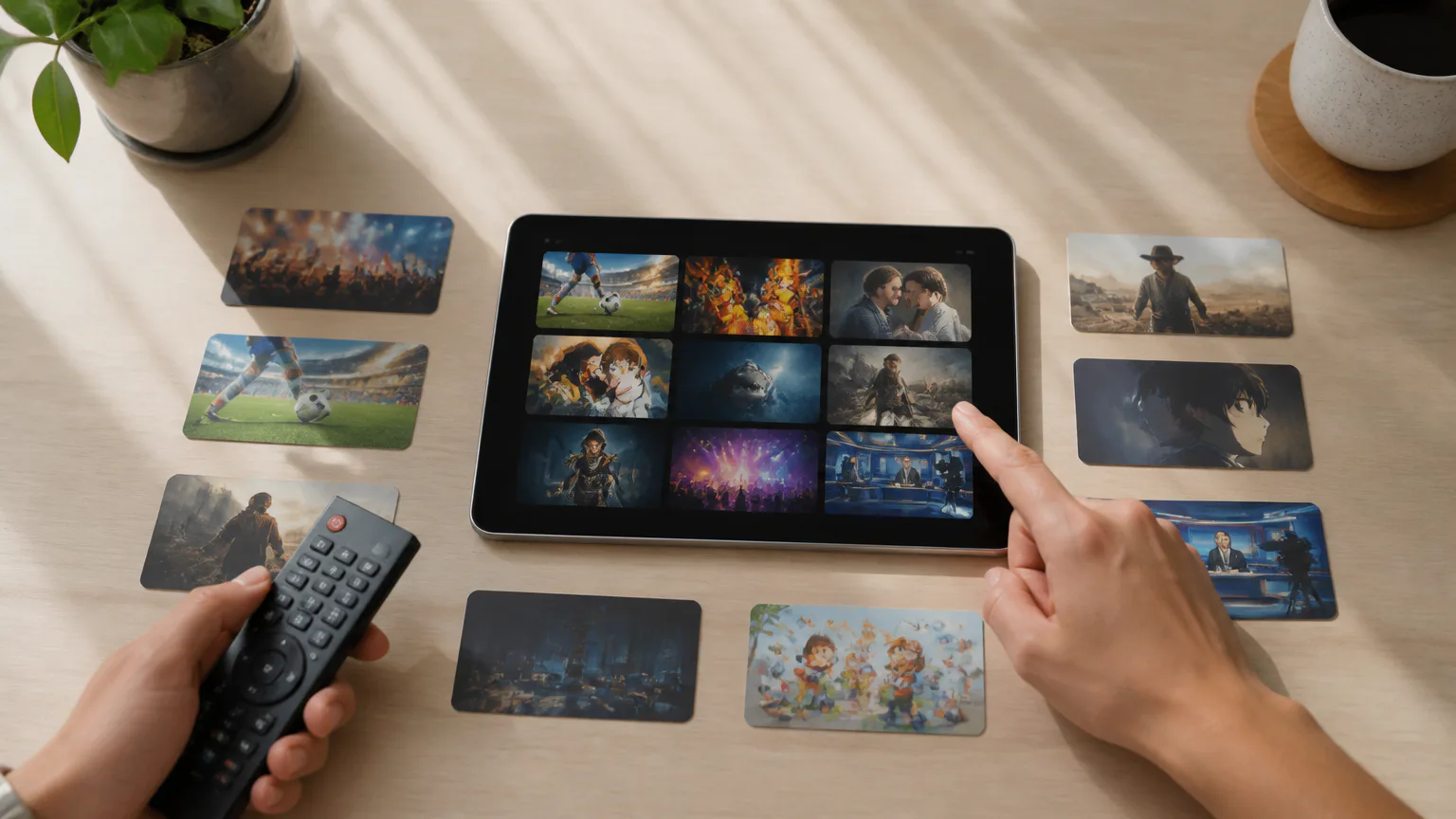 Tablet streaming menu with shows and remote
