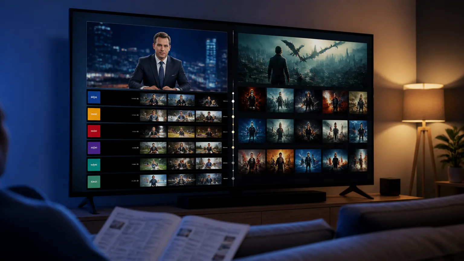 Television displaying news and fantasy shows