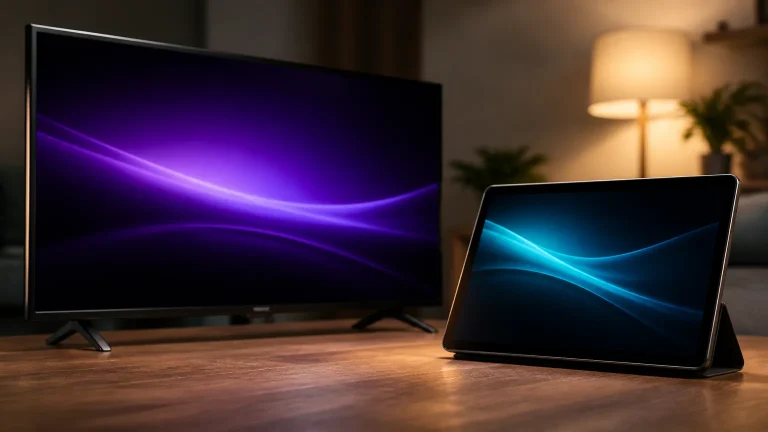 Monitor and tablet displaying colorful wave backgrounds