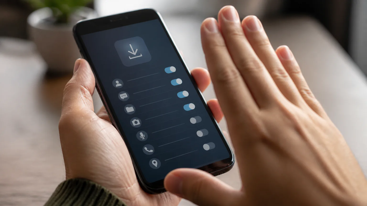 Hand holding smartphone with download settings