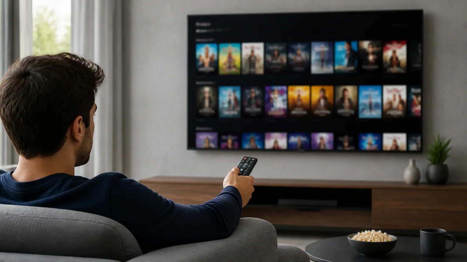 Man watching streaming TV with remote