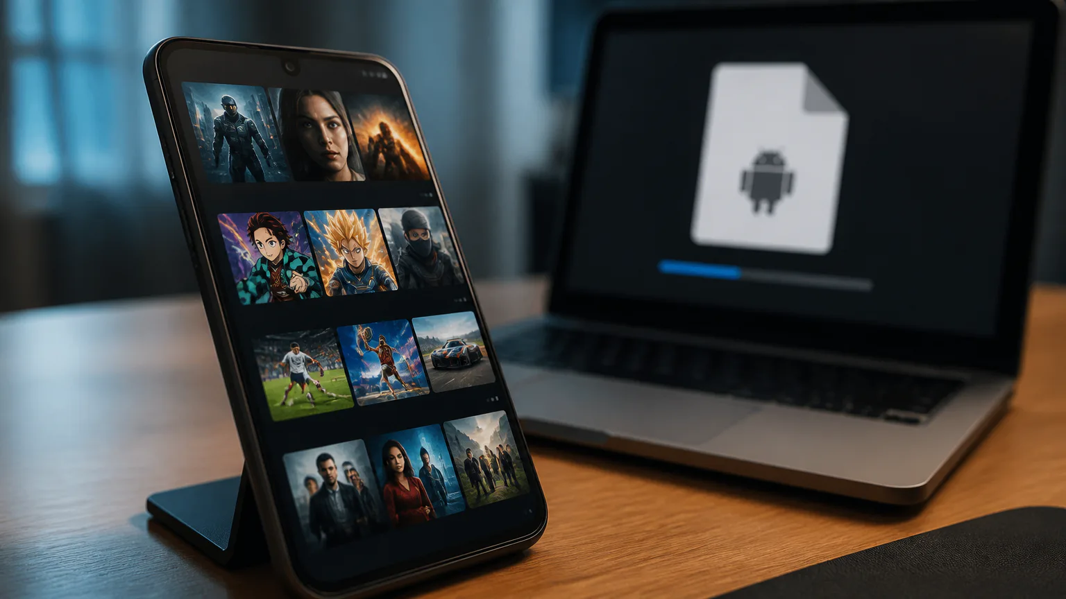 Phone showing media thumbnails beside laptop