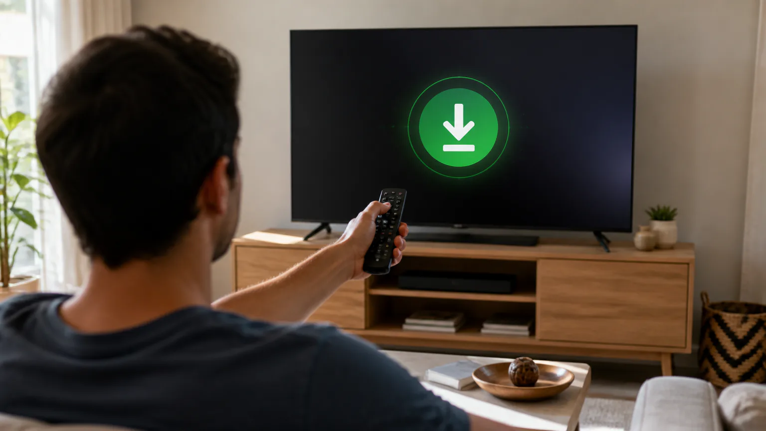 Person using remote to download content on TV