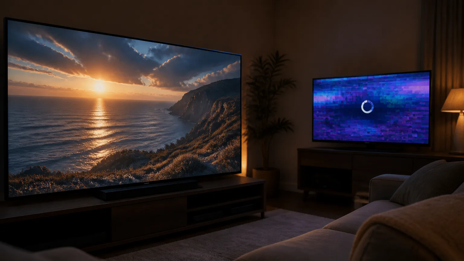 Living room with two televisions at sunset