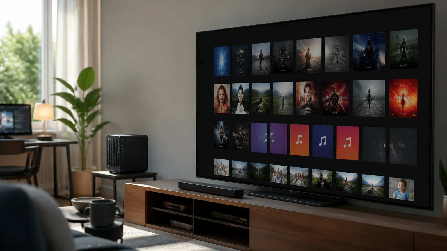 Living room with TV showing media library