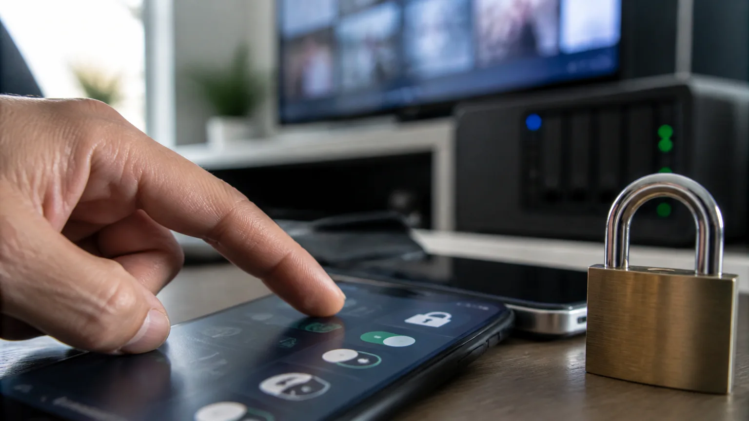 Finger tapping a smartphone beside a padlock