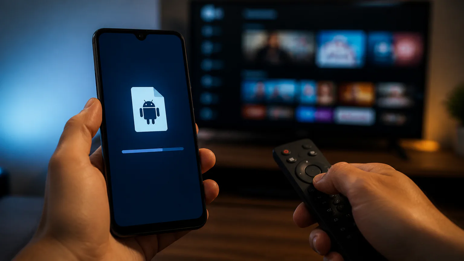 Android phone and remote facing a TV