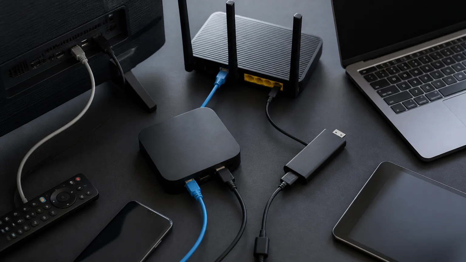 Router and devices connected by cables
