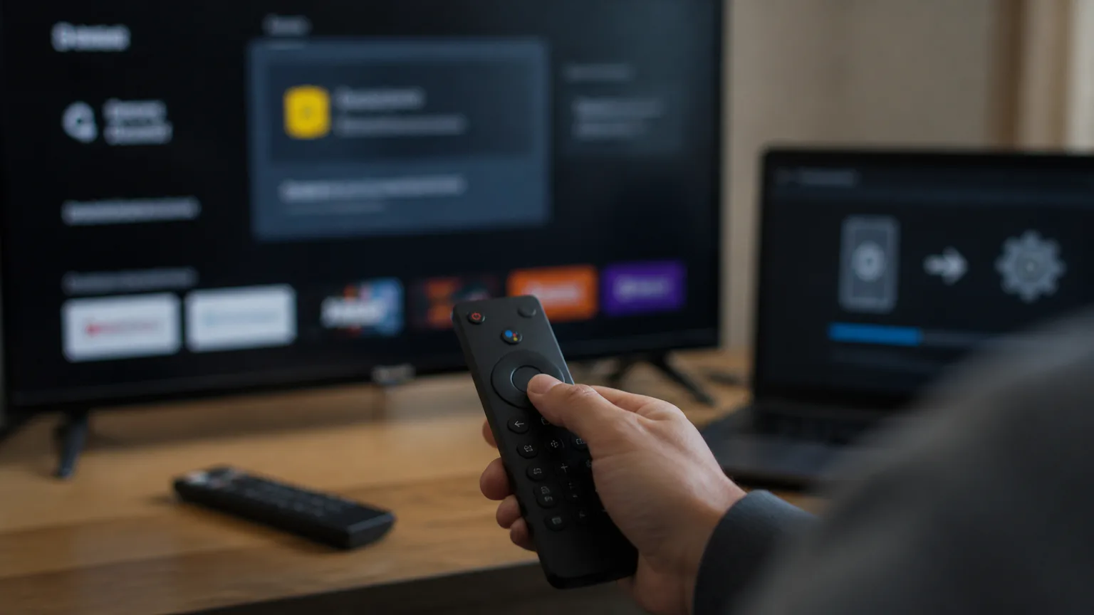 Person using remote to control smart TV