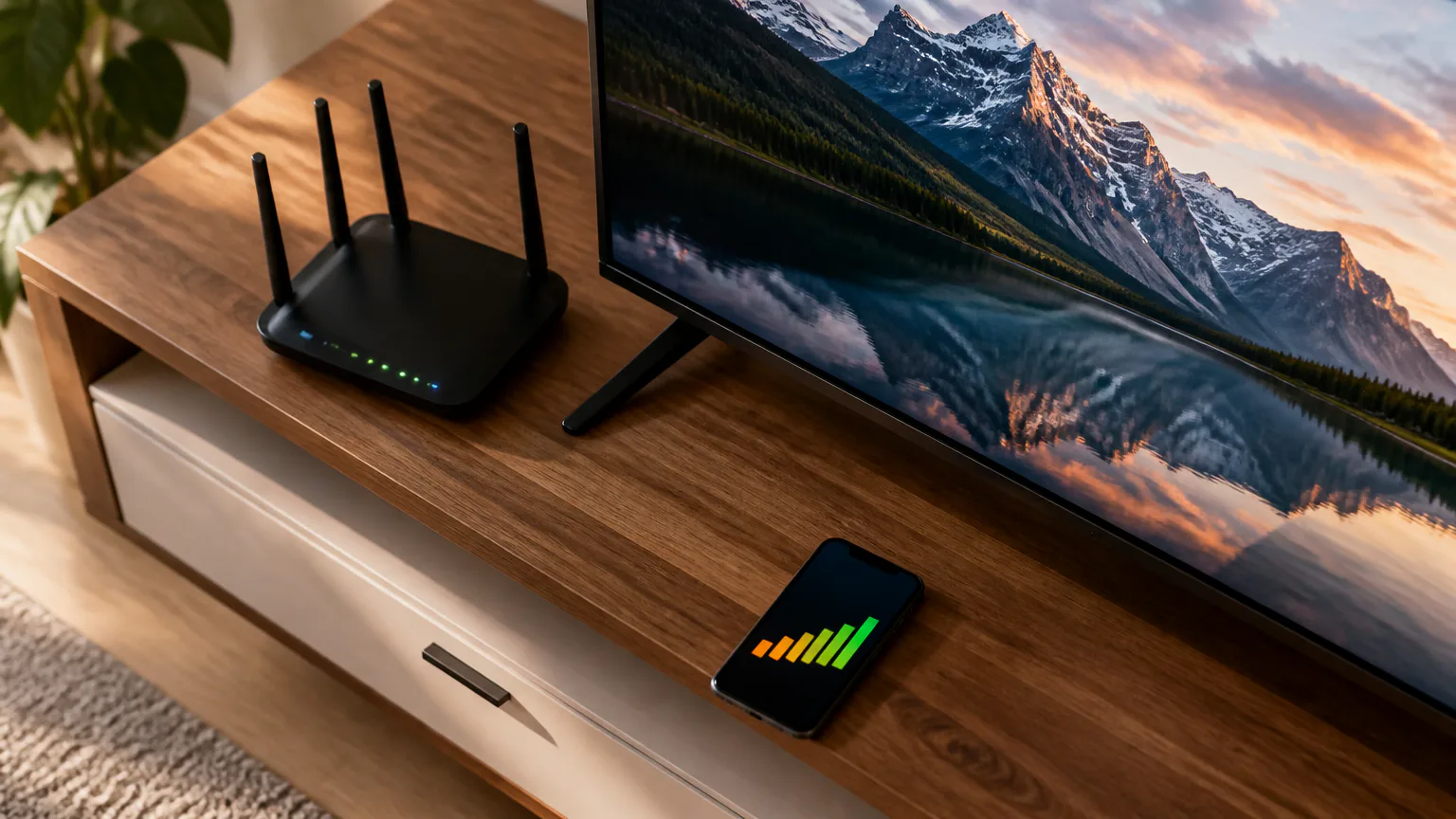 Wi-Fi router beside TV and smartphone