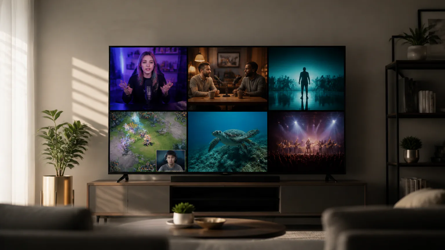 TV displaying a six-panel media collage